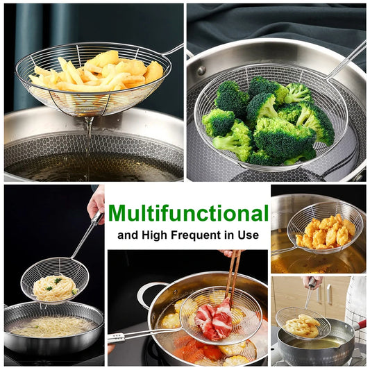 Stainless Steel Fine Mesh Skimmer Spoon Multi-Function Spider Strainer with Long Handle for Cooking Frying and Noodle Straining