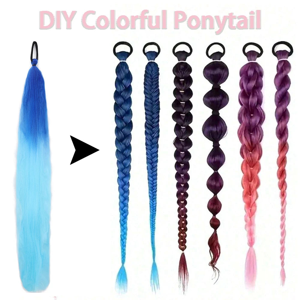 Synthetic 2Pcs Straight Ponytail With Elastic Hair Tie Colorful Braiding Ponytail Hair Extensions Hair Accessories For Women