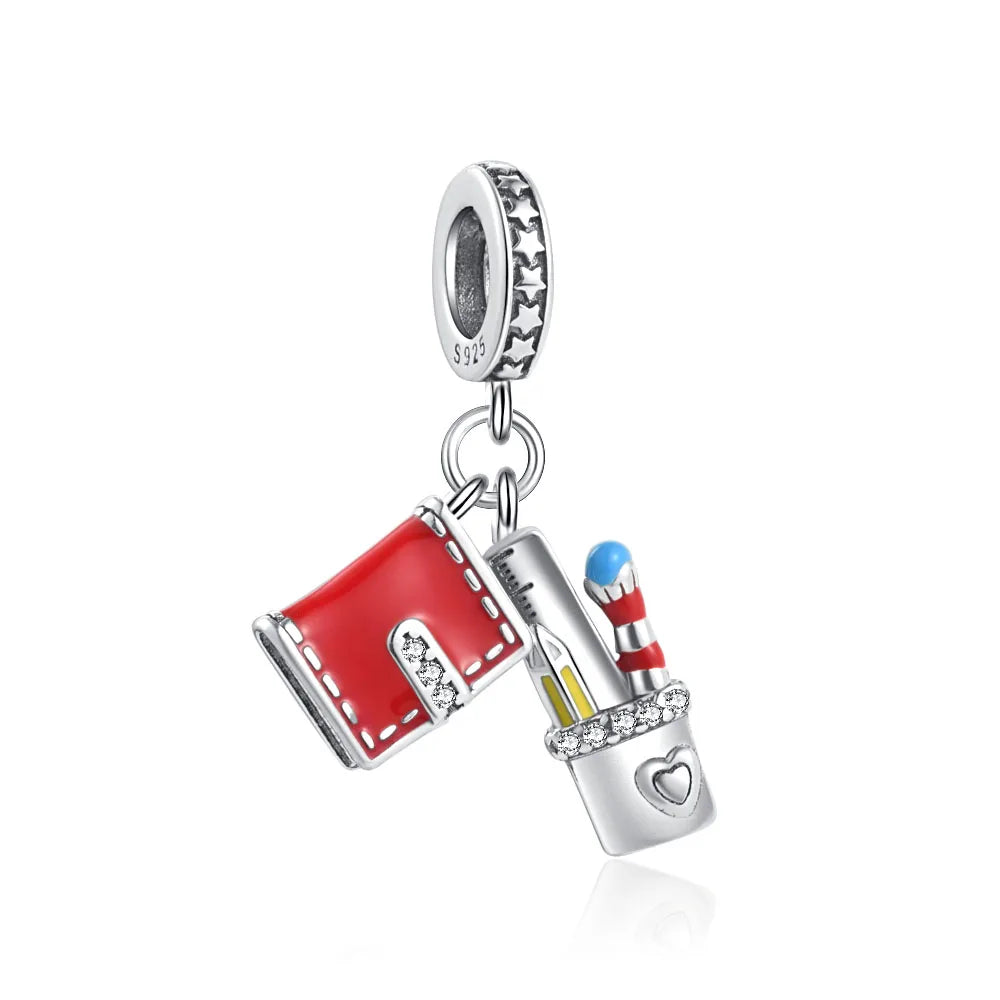 2023 Silver Teacher Pendant Fit Pandora Original Women Bracelet DIY Notebook Pencil Fine Dangle Jewelry Bachelor Cap Bead Charms