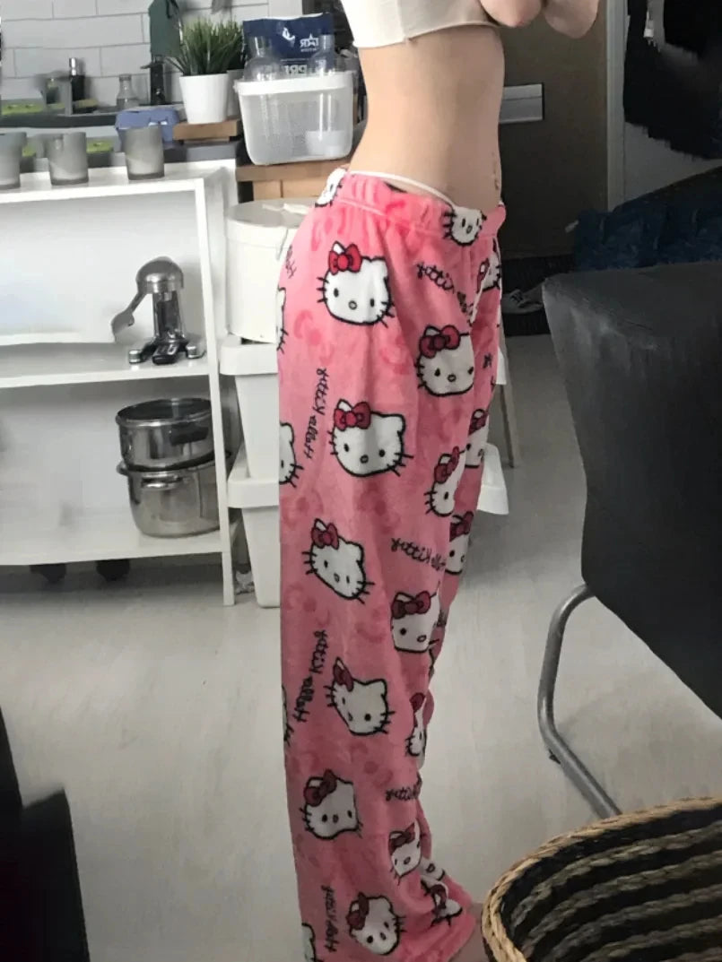 Sanrio Hello Kitty Flannel Pajamas  Y2k Kawaii Anime Women'S Warm Woolen Cartoon Casual Home Pants Autumn Winter Fashion Trouser