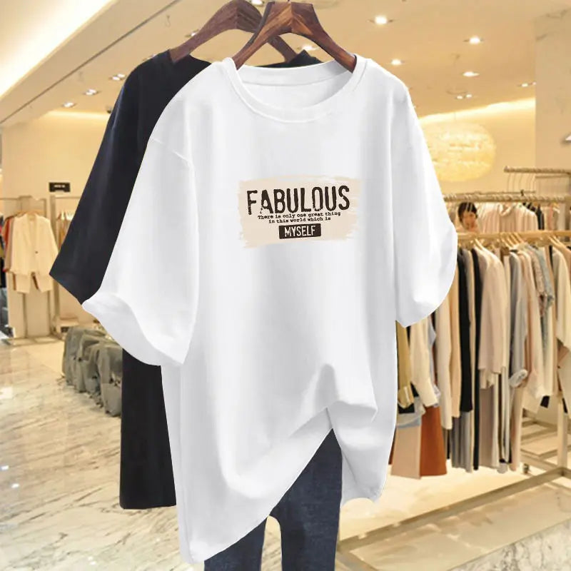 Summer Elegant Fashion Pure Cotton Basic T-shirts Women Casual Loose O-neck Short Sleeve Top Tee Letter Print Pullovers 45-105Kg