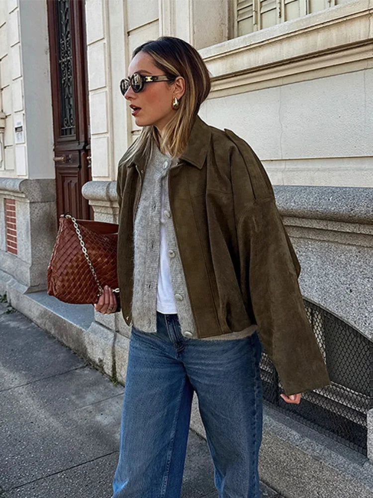 Suede Casual Jacket Women Zipper Turn-Dwon Collar Oversized Long Sleeve 2025 Spring Coat Female Green Street Lady Outwear Tops