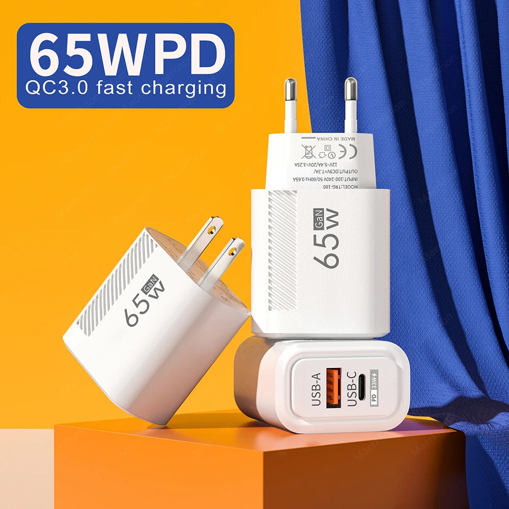 65W USB C Charger Charger Fast Charging EU/US Plug Charger Adapter For iPhone Samsung Xiaomi Phone Type C Quick Charge Charger