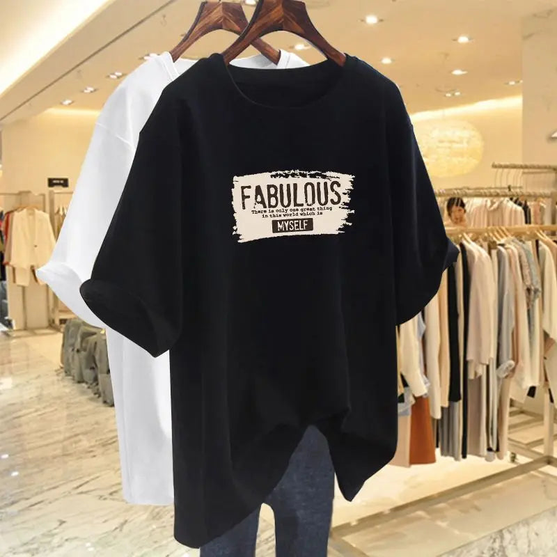 Summer Elegant Fashion Pure Cotton Basic T-shirts Women Casual Loose O-neck Short Sleeve Top Tee Letter Print Pullovers 45-105Kg