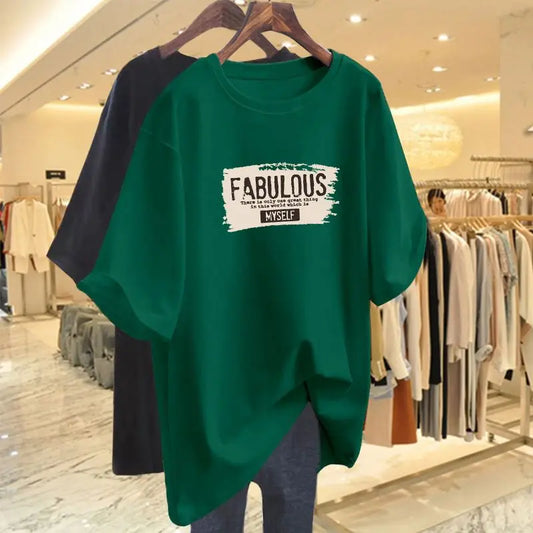 Summer Elegant Fashion Pure Cotton Basic T-shirts Women Casual Loose O-neck Short Sleeve Top Tee Letter Print Pullovers 45-105Kg