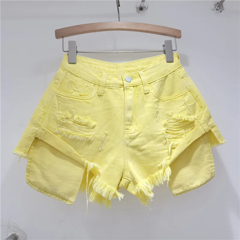 2025 Summer New Light Color Perforated Design Denim Shorts Women's Wide Legs Slim Fashion Ragged Edge A-line Ropa Mujer