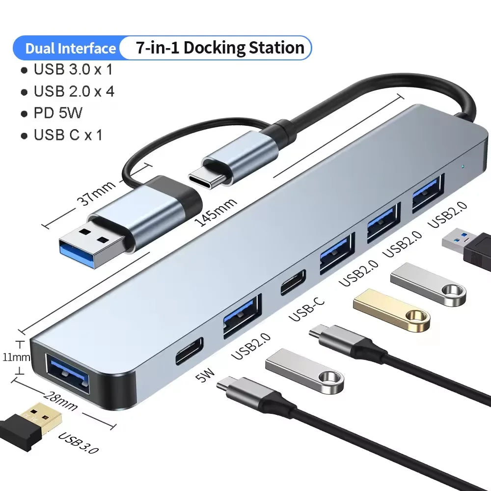 USB C Hub USB Splitter 7 in 1 USB Extender with 4 USB Port 1 USBC Port TF/SD Card Reader Audio Output Compatible with MacBook