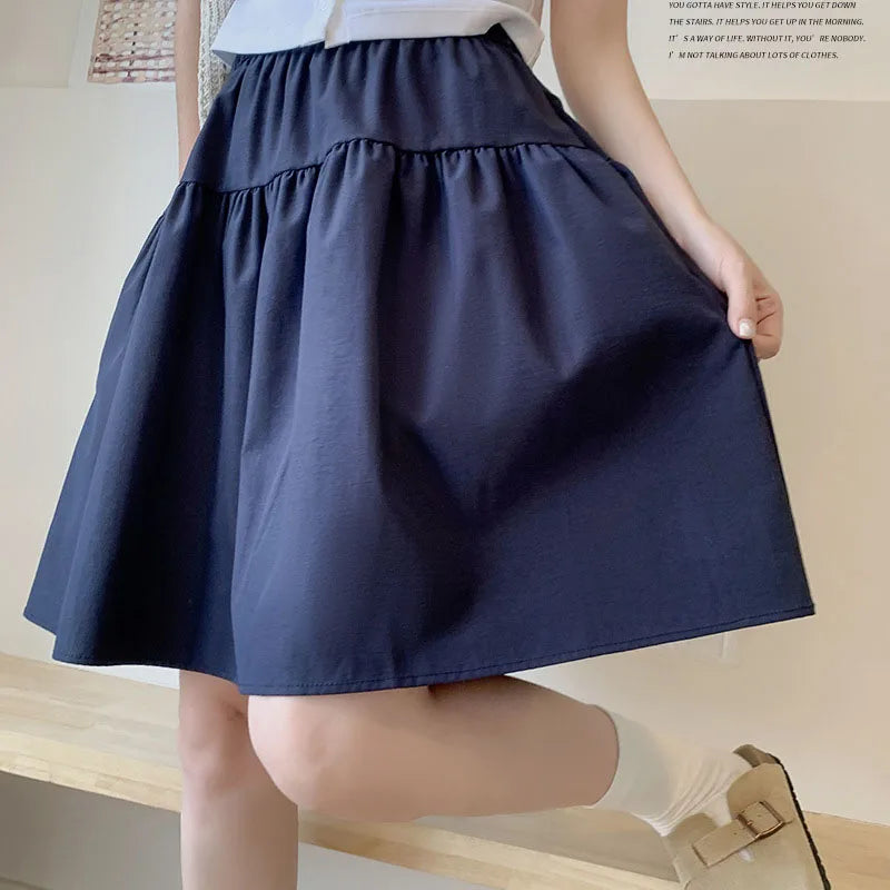 Japanese Style Loose Short Skirt Women College Style Elastic Waist with Pockets Student Skirts Girl All-Match Casual Solid Skirt
