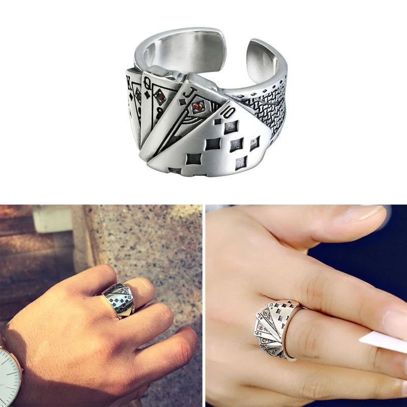 Cool Playing Cards Finger Ring Open Adjustable Ring Hip Hop Lucky Band Ring Jewelry Gifts for Men