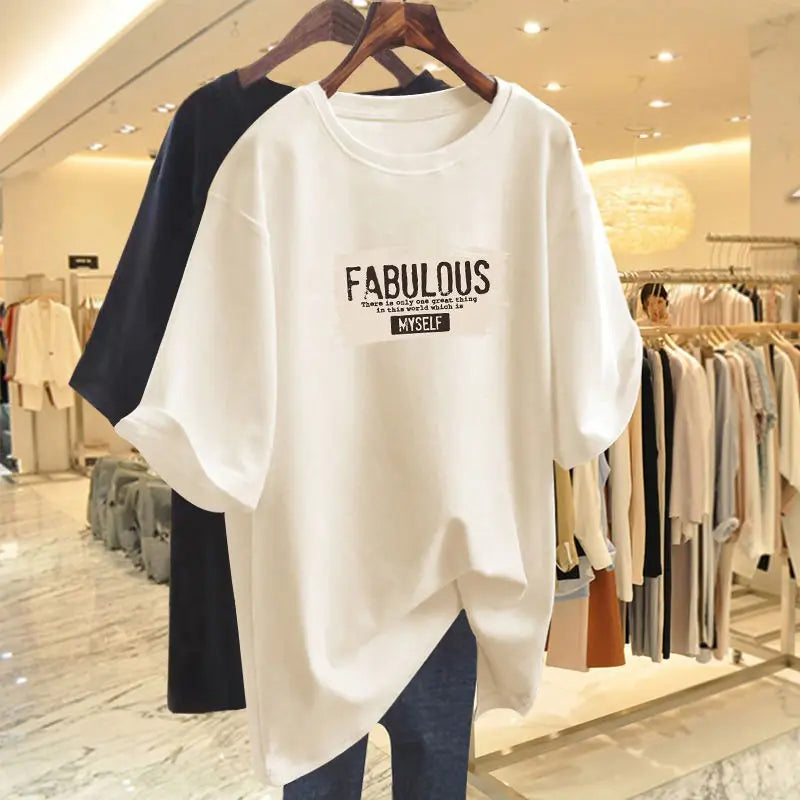 Summer Elegant Fashion Pure Cotton Basic T-shirts Women Casual Loose O-neck Short Sleeve Top Tee Letter Print Pullovers 45-105Kg