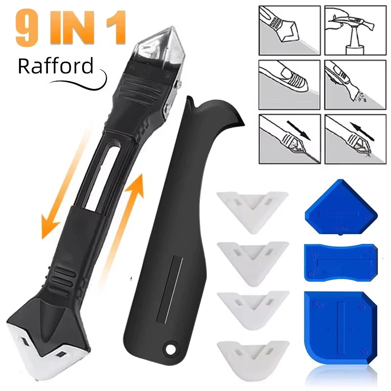 5 in 1 Metal Head Shovel Glue Tool Kit: Silicone Spatula, Caulk Remover, Grout Removal, Sealant Finishing & Corner Scrap