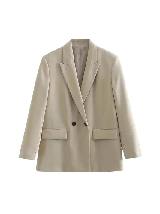 Women Fashion Double Breasted Loose Fitting Blazer Coat Vintage Long Sleeve Pockets Female Outerwear Chic Veste Femme