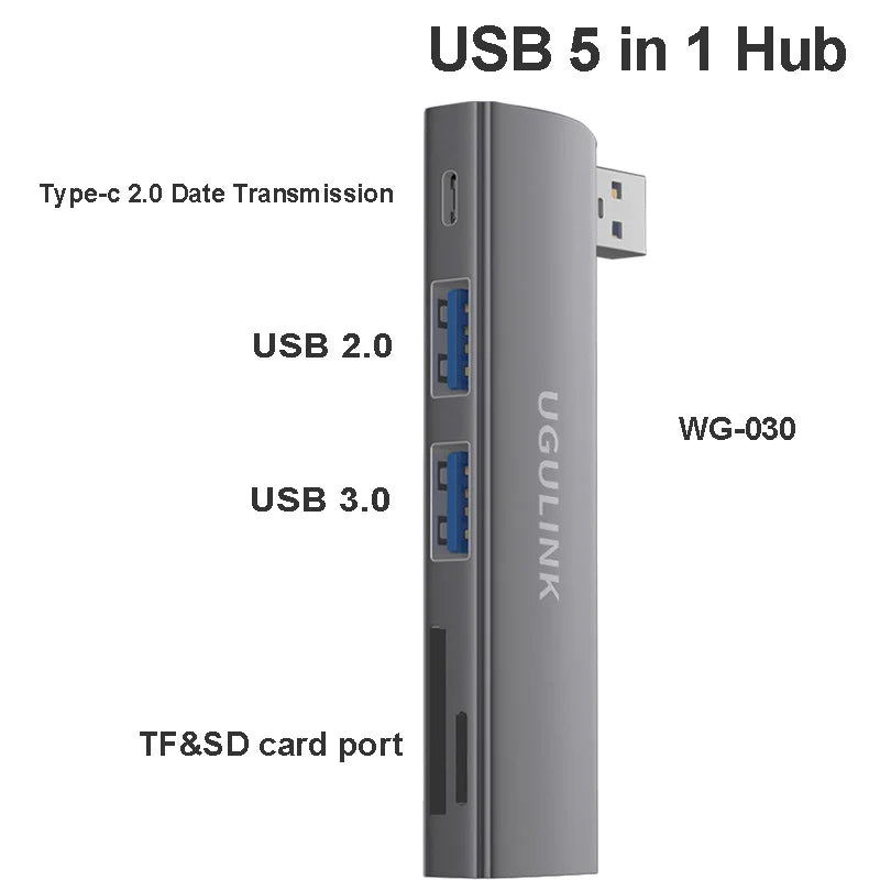 90 Degree Type-C USB 3.0 6 in 1 Hub  to PD60W  TF/SD 3.5mm Jack Adapter Cables Card Read For Samsung Xiaomi Huawei iphone 15 pro