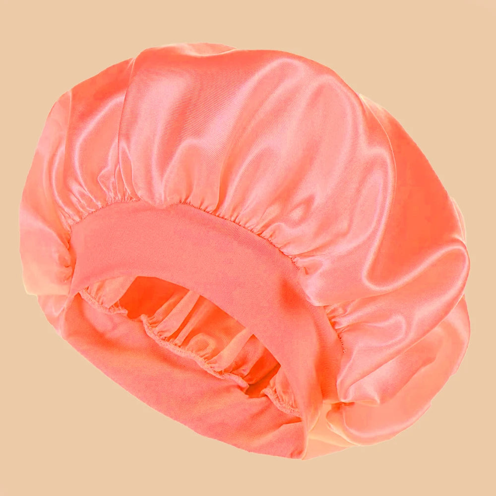 1pc Women's Solid Color Satin Wide-Brimmed Shower Cap, Suitable For Daily Use Silk Bonnet Satin Bonnet