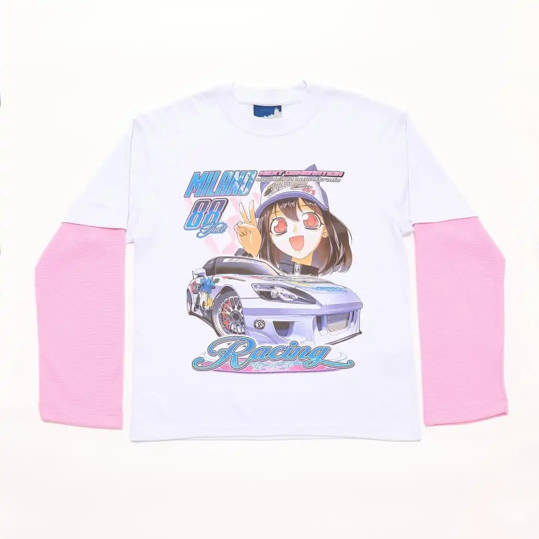 Kawaii Harajuku Y2K Streetwear Anime Graphic Tops Women Casual Round Neck Long Sleeve T-shirt Gothic Retro Fake Two-piece Men