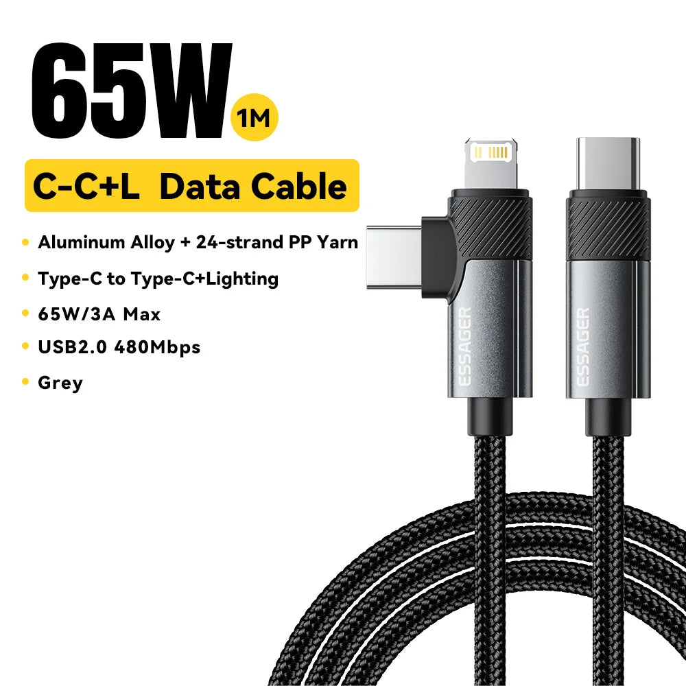 Essager PD 65W Max 2 in 1 Type C to Type C and Lightning For Samsung Xiaomi IPhone 14 13 12 11 Pro Max Xs Plus Data Cable