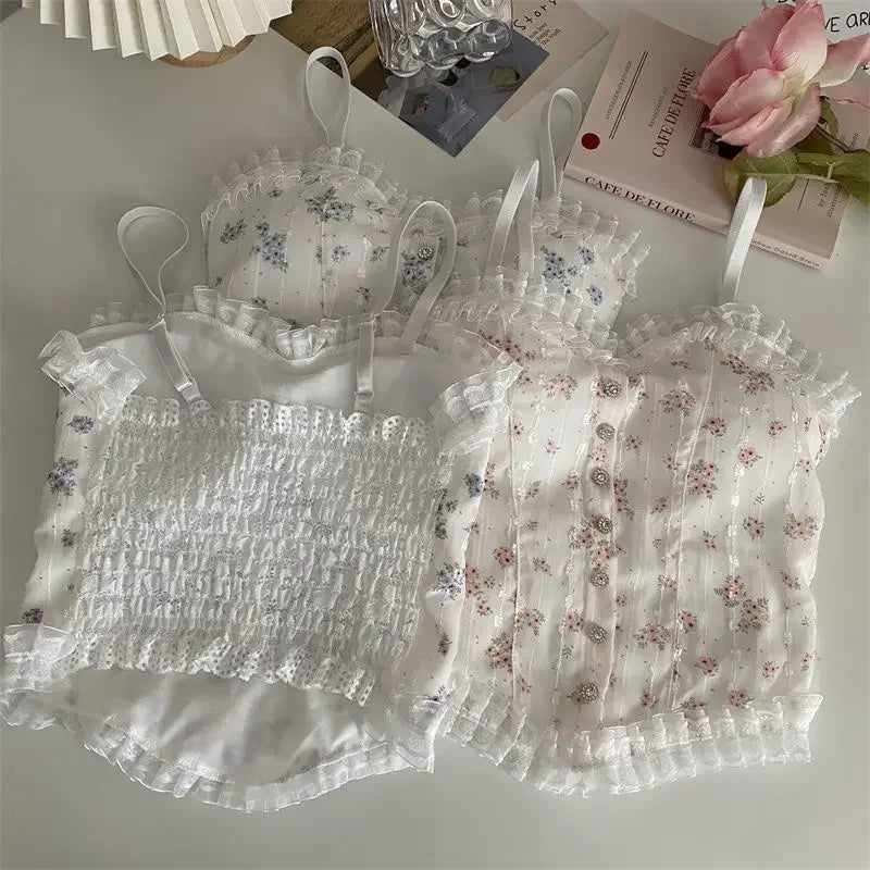 Korean Women Lace Tank Tops Back-beautiful Underwear Summer Floral Tube Tops French Wood Ear-hem Camisole ropa de mujer