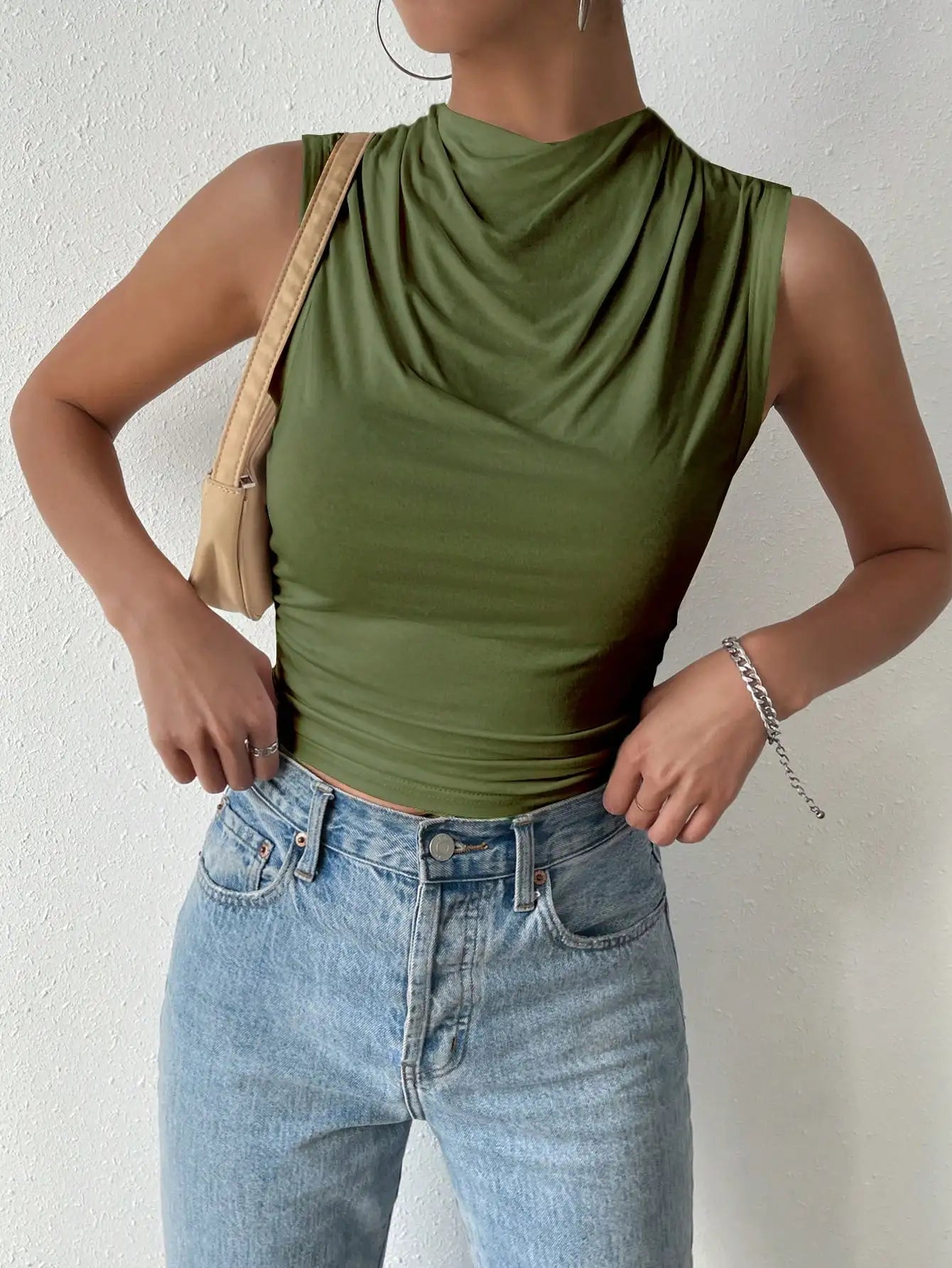 Women's Casual Pleated Design Top Summer Fashion Street Style Solid Color Slim Half High Neck Sleeveless T-Shirt Top