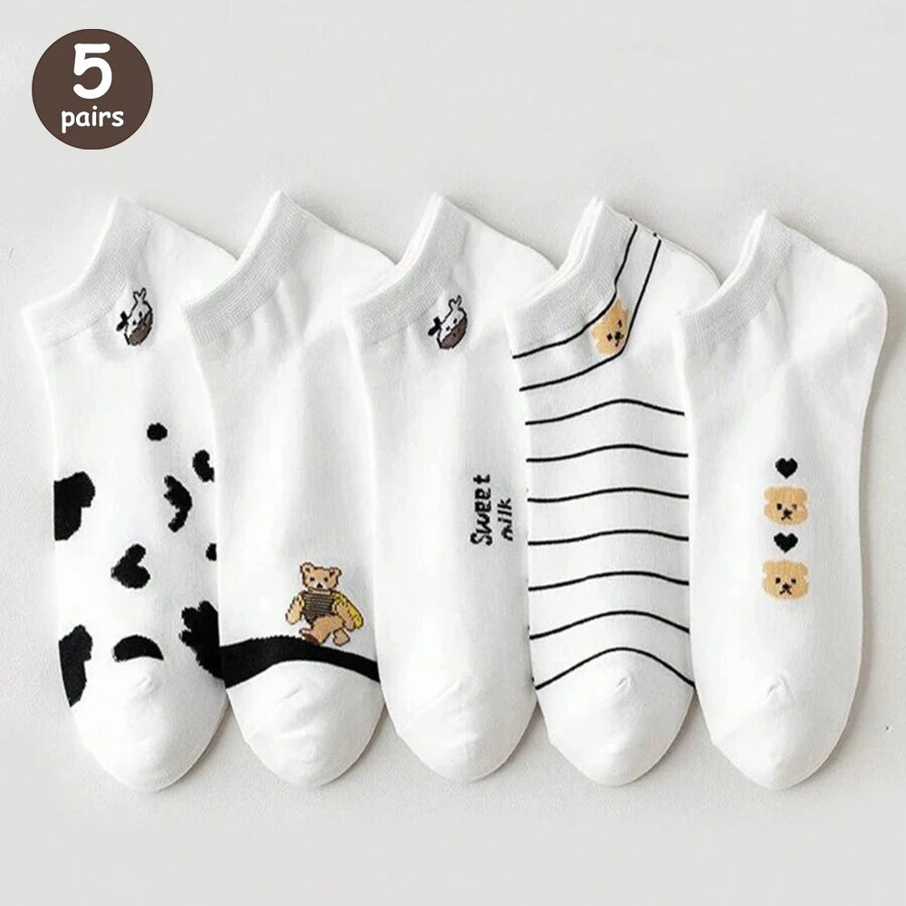 5/10/20 Pairs Women Cartoon Teddy Bear Patterned Ankle Socks Versatile Fashionable Creative Breathable Comfortable Casual Socks