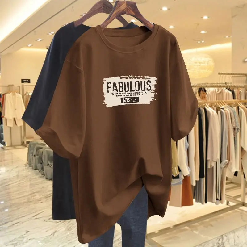 Summer Elegant Fashion Pure Cotton Basic T-shirts Women Casual Loose O-neck Short Sleeve Top Tee Letter Print Pullovers 45-105Kg