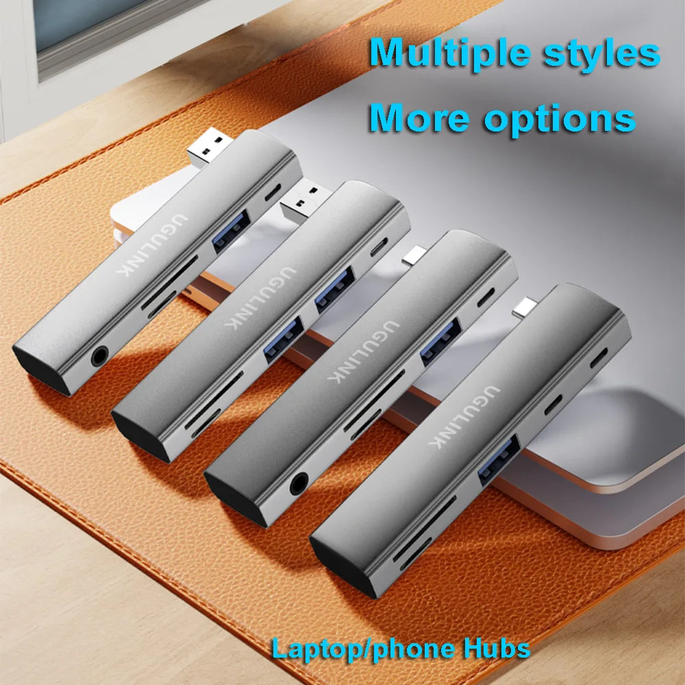 90 Degree Type-C USB 3.0 6 in 1 Hub  to PD60W  TF/SD 3.5mm Jack Adapter Cables Card Read For Samsung Xiaomi Huawei iphone 15 pro