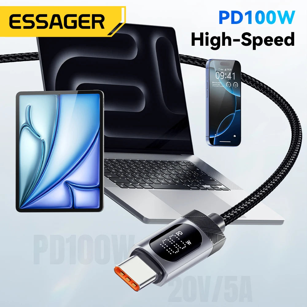 2m Essager Digital Dispaly USB C Cable For iPhone 16 Xiaomi Huawei 100W PD Fast Charging For Macbook iPad Type C to Type C Cable