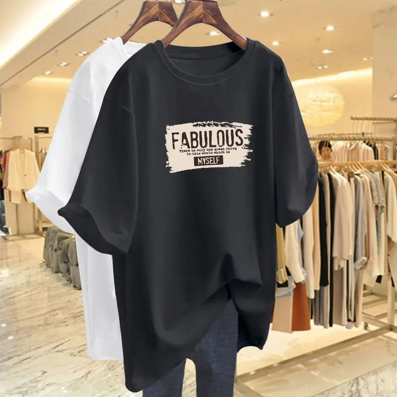Summer Elegant Fashion Pure Cotton Basic T-shirts Women Casual Loose O-neck Short Sleeve Top Tee Letter Print Pullovers 45-105Kg