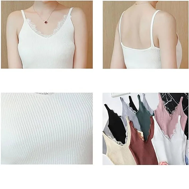 Clearance_1Pc Women's Vest Lace Top V-neck Solid Knit Tank Ladies Sleeveless Fashion Lace Patchwork Slim Sexy Suspenders Summer_