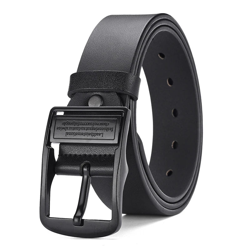 Men's leather belt, black buckle, new style, fashionable, trendy, light luxury, casual, versatile, suitable for jeans, pin buckl