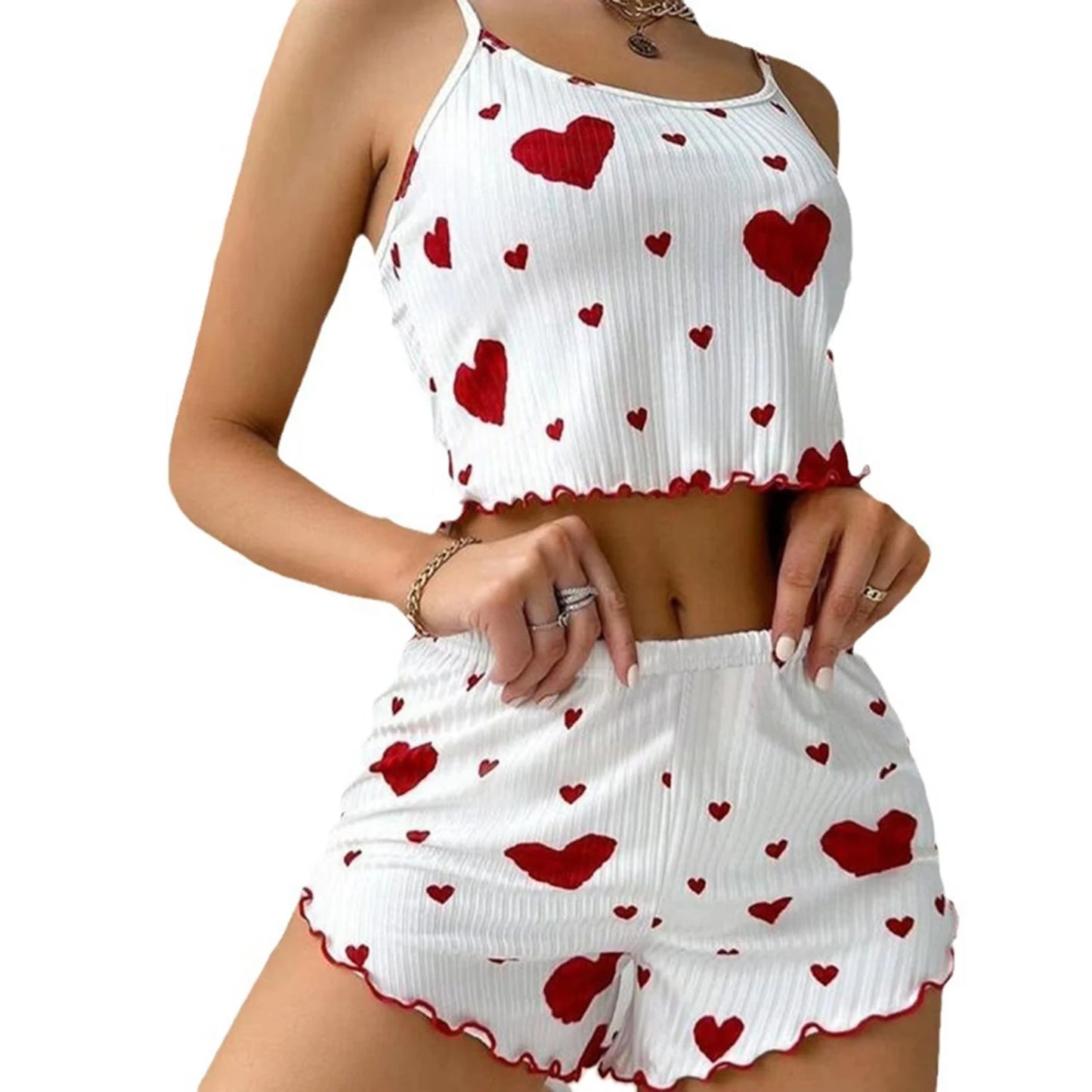Women’s 2PCS Heart Print Pajama Set, Sleeveless Crop Top and Shorts, Soft Comfy Sleepwear Loungewear for Summer Nightwear